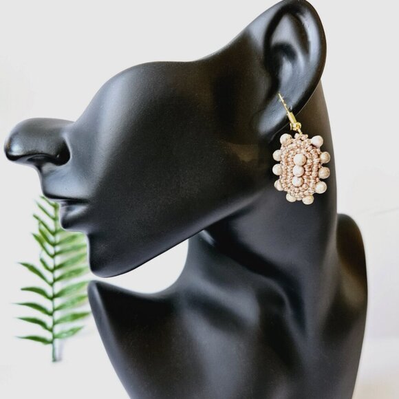 2/$27 | Tan Stone Shield Beaded Indigenous Hoop Earrings | Handmade - Picture 5 of 5